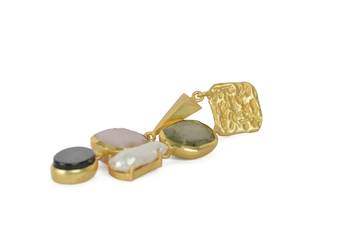 Golden Earrings with Labrorite Viva Pearl Pink Opal and Black Onex Stones 3