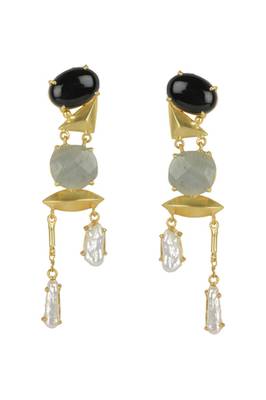 Golden Earrings with Black Onex Green Aventurine and Viva Pearl Stones 1