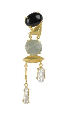 Golden Earrings with Black Onex Green Aventurine and Viva Pearl Stones 2