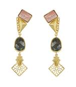 Golden Earrings with Rhodocrosite and  Labrorite Stones