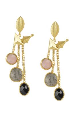 Golden Earrings with Pink Opal Labririte Black Onex Stones 1