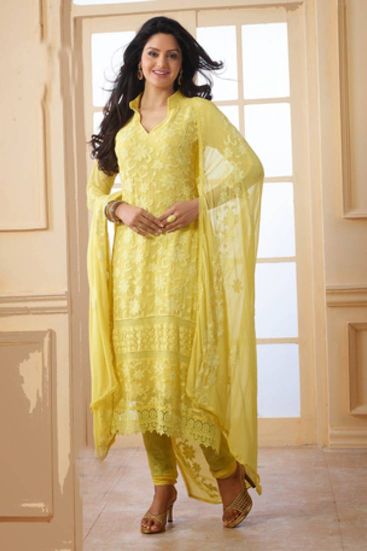 Yellow chiffon embroidered semi stitched salwar with dupatta