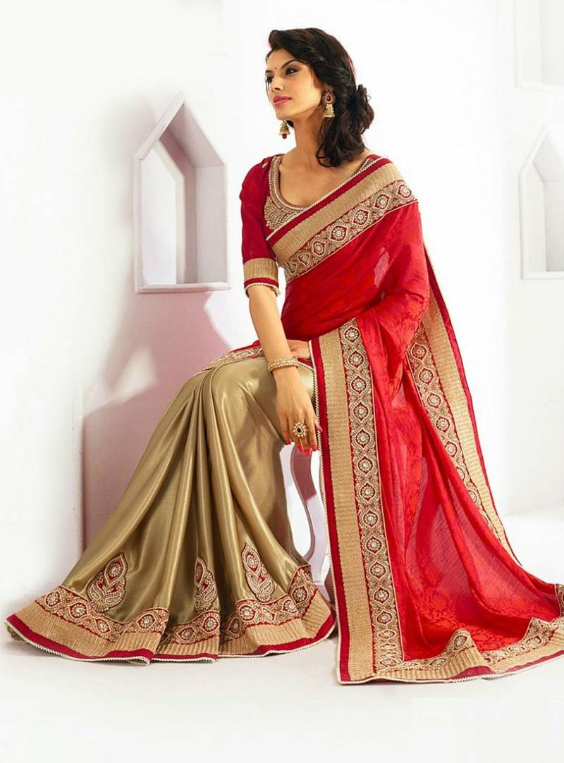 cream and red partywear embroidery georgette saree with blouse