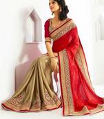 cream and red partywear embroidery georgette saree with blouse