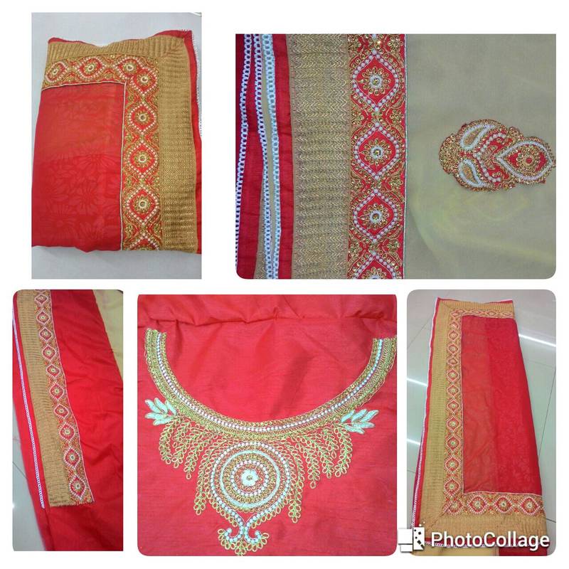 cream and red partywear embroidery georgette saree with blouse