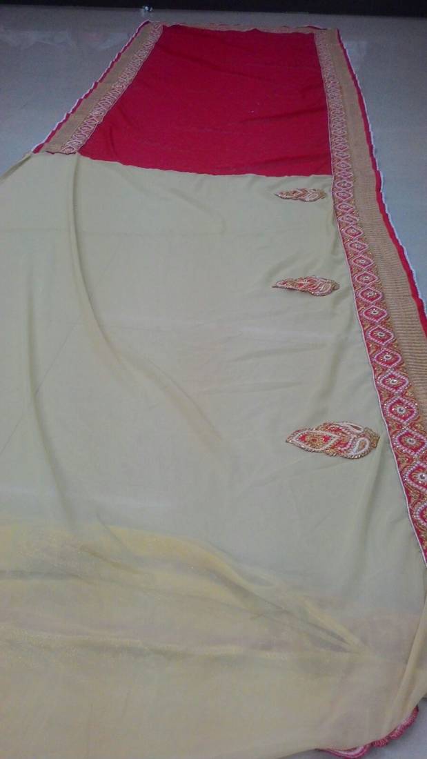 cream and red partywear embroidery georgette saree with blouse