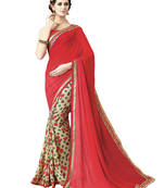 Red Printed Georgette Saree With Blouse