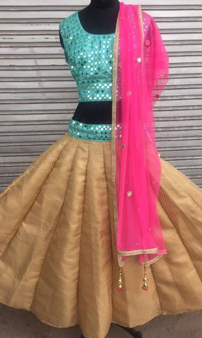 Red and golden and sky blue brocade mirror work unstitched lehenga choli