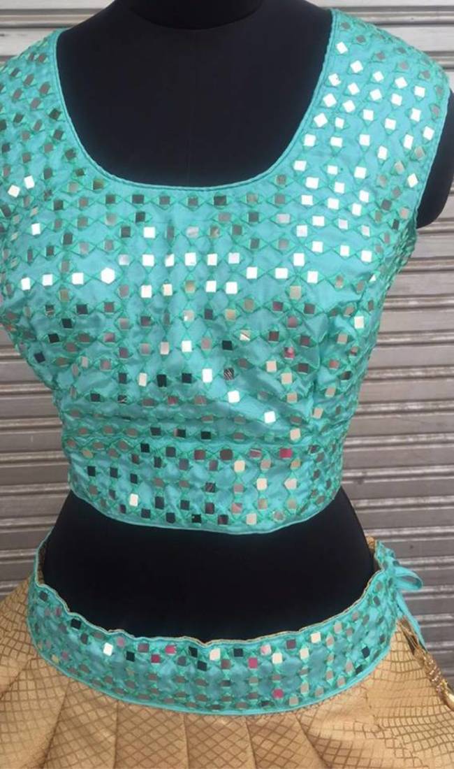Red and golden and sky blue brocade mirror work unstitched lehenga choli