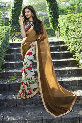 brown printed jacquard saree With Blouse 1