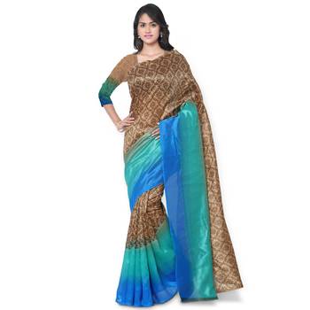 Turquoise Printed Art Silk Saree With Blouse 1