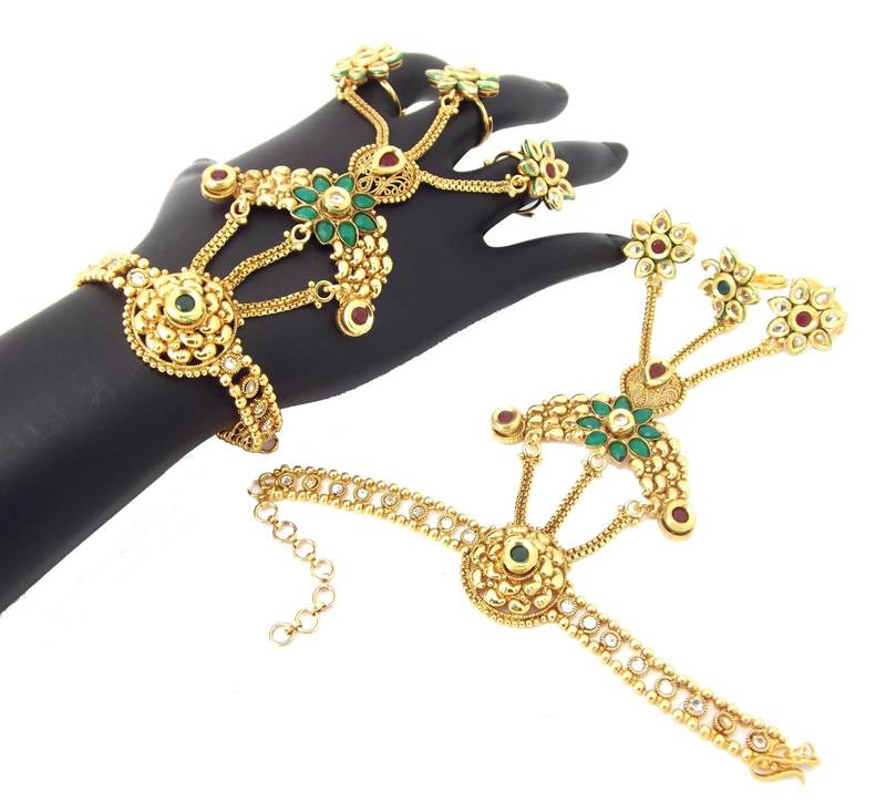 Jodha style kundan ruby emerald gold plated fashion jewelry hath phool slave bracelet