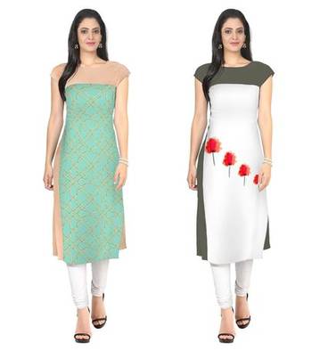 Green and white faux crepe printed stitched kurti 1