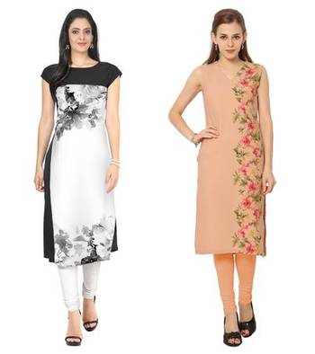 White and peach faux crepe printed stitched kurti 1
