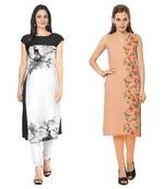 White and peach faux crepe printed stitched kurti