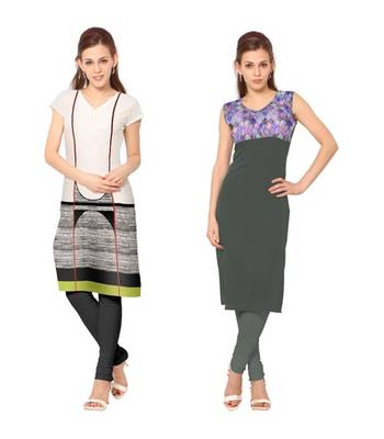 White and grey faux crepe printed stitched kurti 1