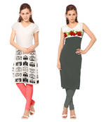 White and grey faux crepe printed stitched kurti