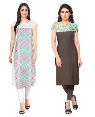 White and brown faux crepe printed stitched kurti 1