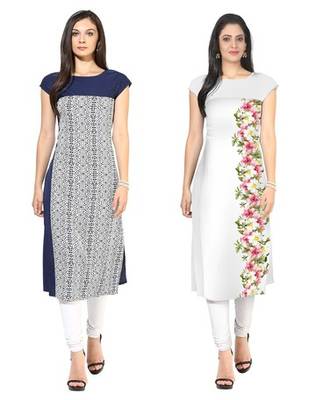 Blue and white faux crepe printed stitched kurti 1
