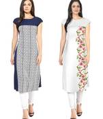 Blue and white faux crepe printed stitched kurti