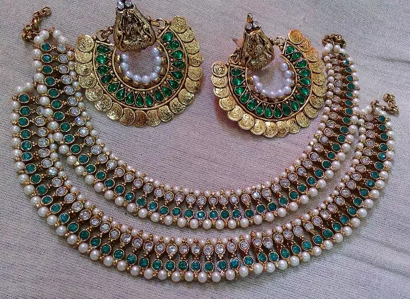 Designer Green colour  Anklets with Green colour Earings 