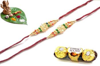 Multicolour different stone beads and metallic casting rakhi with chocolates 1