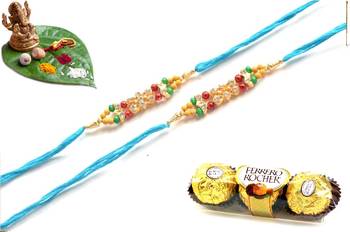 Multicolour different stone beads and metallic casting rakhi with chocolates 1