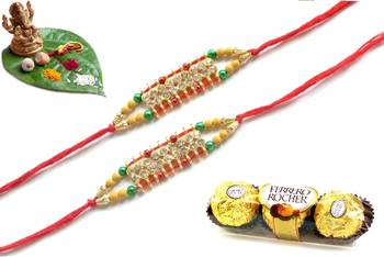 Multicolour different stone beads and metallic casting rakhi with chocolates 1