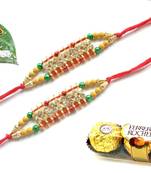 Multicolour different stone beads and metallic casting rakhi with chocolates
