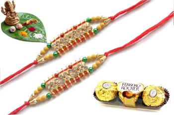 Multicolour different stone beads and metallic casting rakhi with chocolates 1