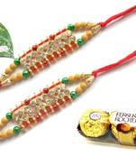 Multicolour different stone beads and metallic casting rakhi with chocolates