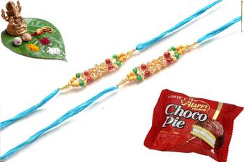 Multicolour different stone beads and metallic casting rakhi with chocolates 1