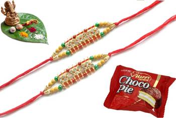 Multicolour different stone beads and metallic casting rakhi with chocolates 1