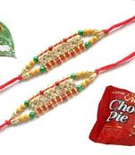 Multicolour different stone beads and metallic casting rakhi with chocolates