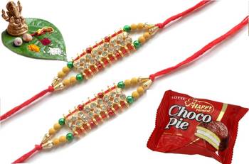 Multicolour different stone beads and metallic casting rakhi with chocolates 1