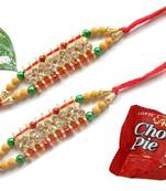 Multicolour different stone beads and metallic casting rakhi with chocolates