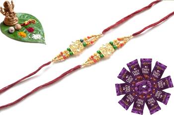 Multicolour different stone beads and metallic casting rakhi with chocolates 1