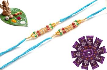 Multicolour different stone beads and metallic casting rakhi with chocolates 1