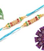 Multicolour different stone beads and metallic casting rakhi with chocolates