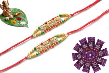 Multicolour different stone beads and metallic casting rakhi with chocolates 1