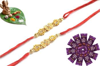 Multicolour different stone beads and metallic casting rakhi with chocolates 1