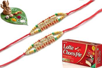 Multicolour different stone beads and metallic casting rakhi with chocolates 1