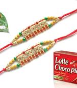 Multicolour different stone beads and metallic casting rakhi with chocolates