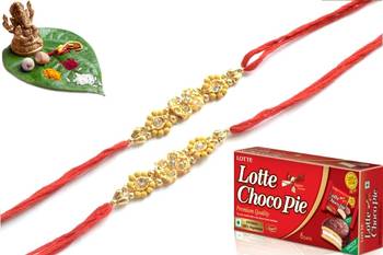 Multicolour different stone beads and metallic casting rakhi with chocolates 1