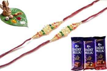 Multicolour different stone beads and metallic casting rakhi with chocolates 1