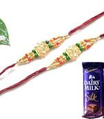 Multicolour different stone beads and metallic casting rakhi with chocolates