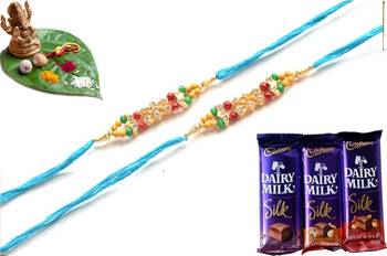 Multicolour different stone beads and metallic casting rakhi with chocolates 1