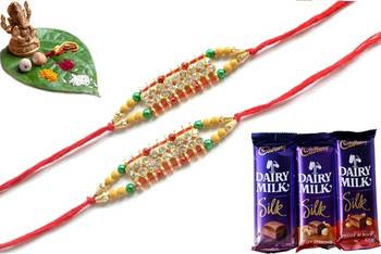Multicolour different stone beads and metallic casting rakhi with chocolates 1