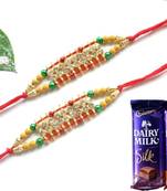 Multicolour different stone beads and metallic casting rakhi with chocolates