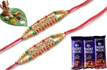 Multicolour different stone beads and metallic casting rakhi with chocolates 1